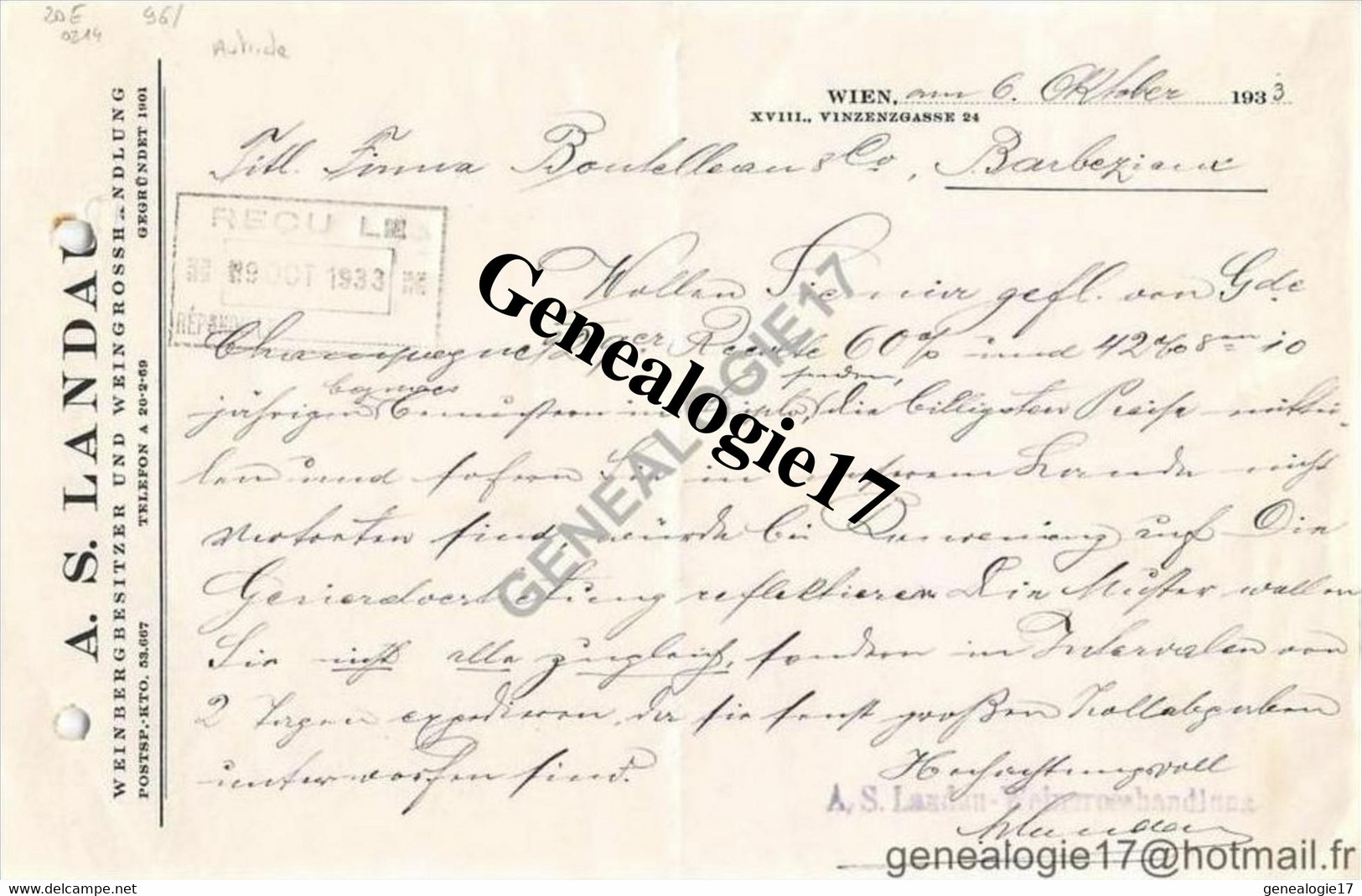 96 0815 AUTRICHE AUTRIA WIEN VIENNE 1933 A. S. LANDAN WEINBERGBESITZER - Autriche