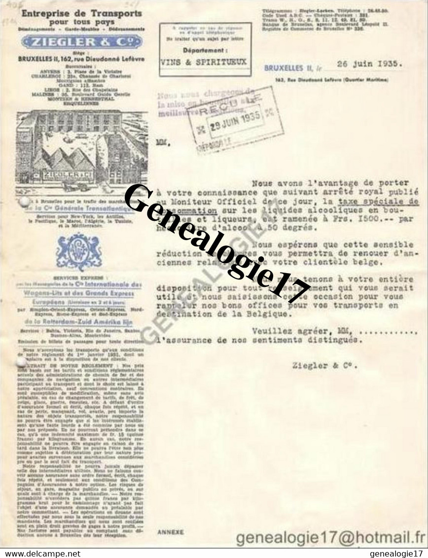 96 0781 BELGIQUE BRUXELLES 1935 Transports ZIEGLER And Co Rue Dieudonne Lefevre Cie GENERALE TRANSATLANTIQUE Antilles - Transports