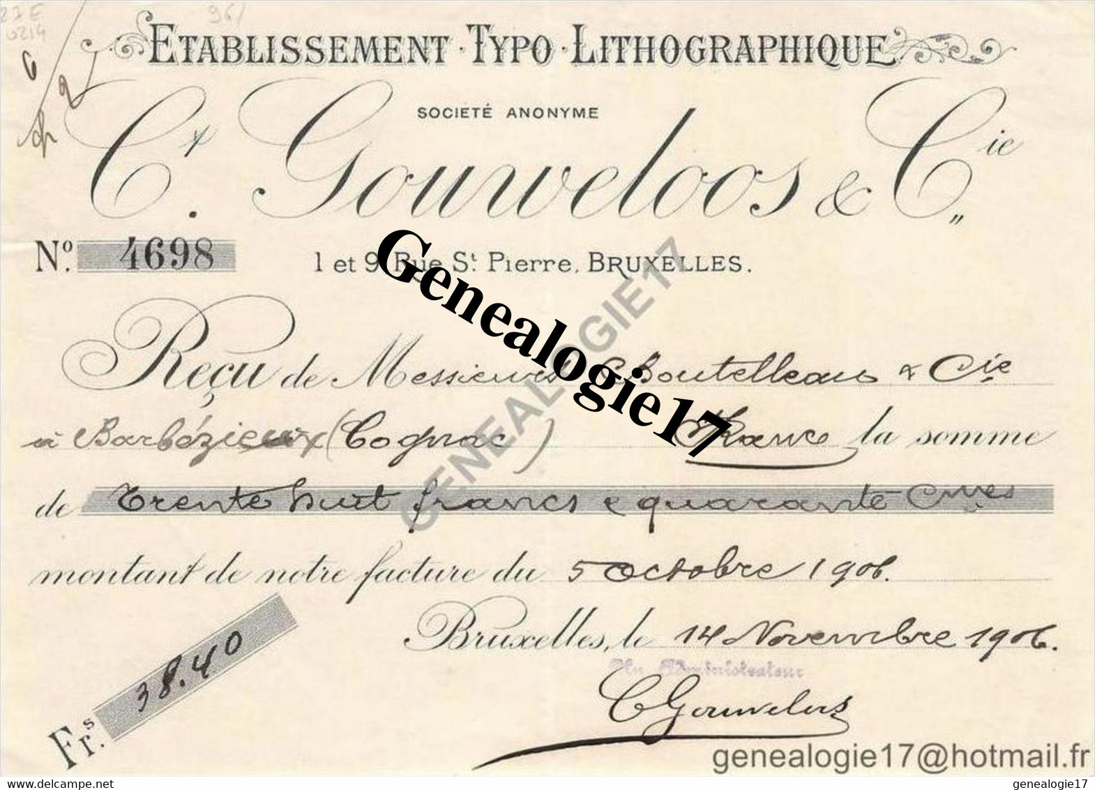 96 0771 BELGIQUE BRUXELLES 1906 Imprimerie Typo Lithographique C. GOUWELOOS Rue Saint Pierre - Drukkerij & Papieren