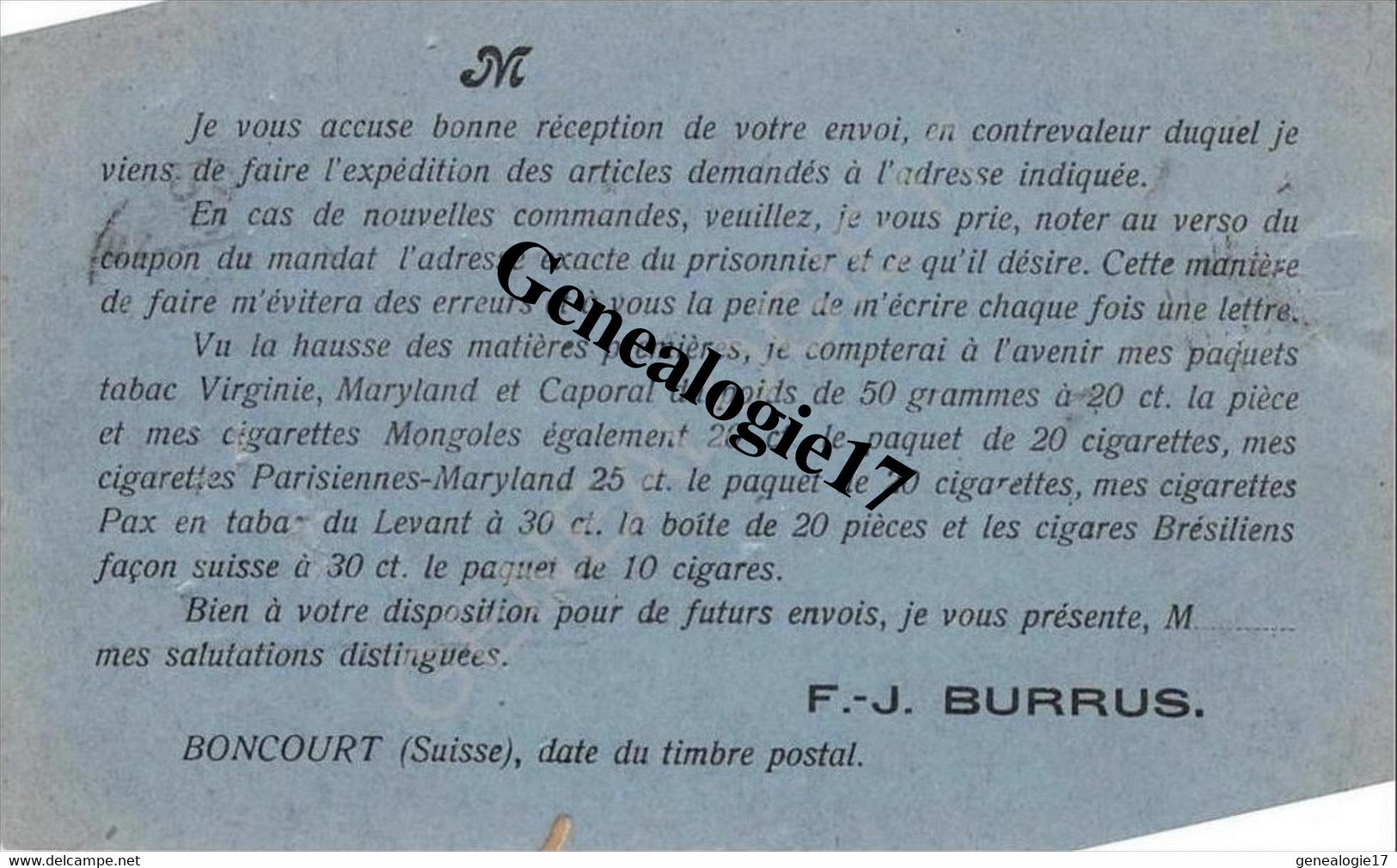 96 0707 SUISSE BONCOURT Carte Postale F.J BURRUS Manufacture De Tabac Et  Cigarette Dest ALEXANDRE à VIEUX PONT Par - Documentos