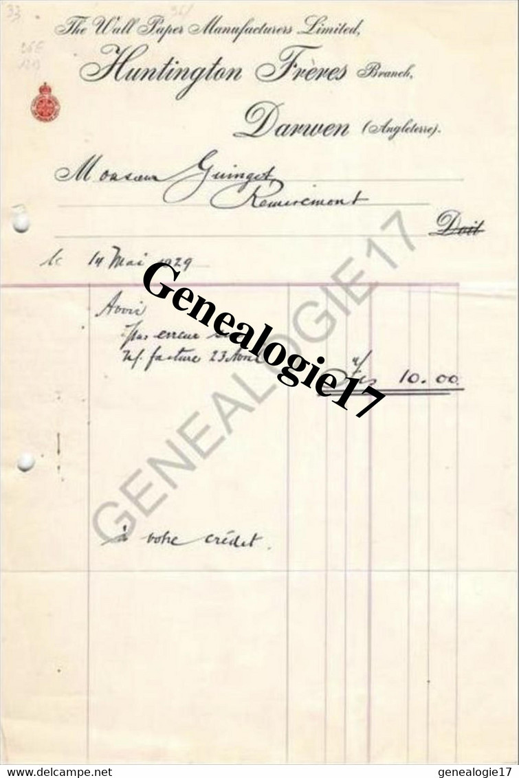 96 0701 ANGLETERRE DARWEN 1930 Ets HUNTINGTON FRERES - The Wall Paper Manufactures Ltd Dest GUINGOT - Ver. Königreich