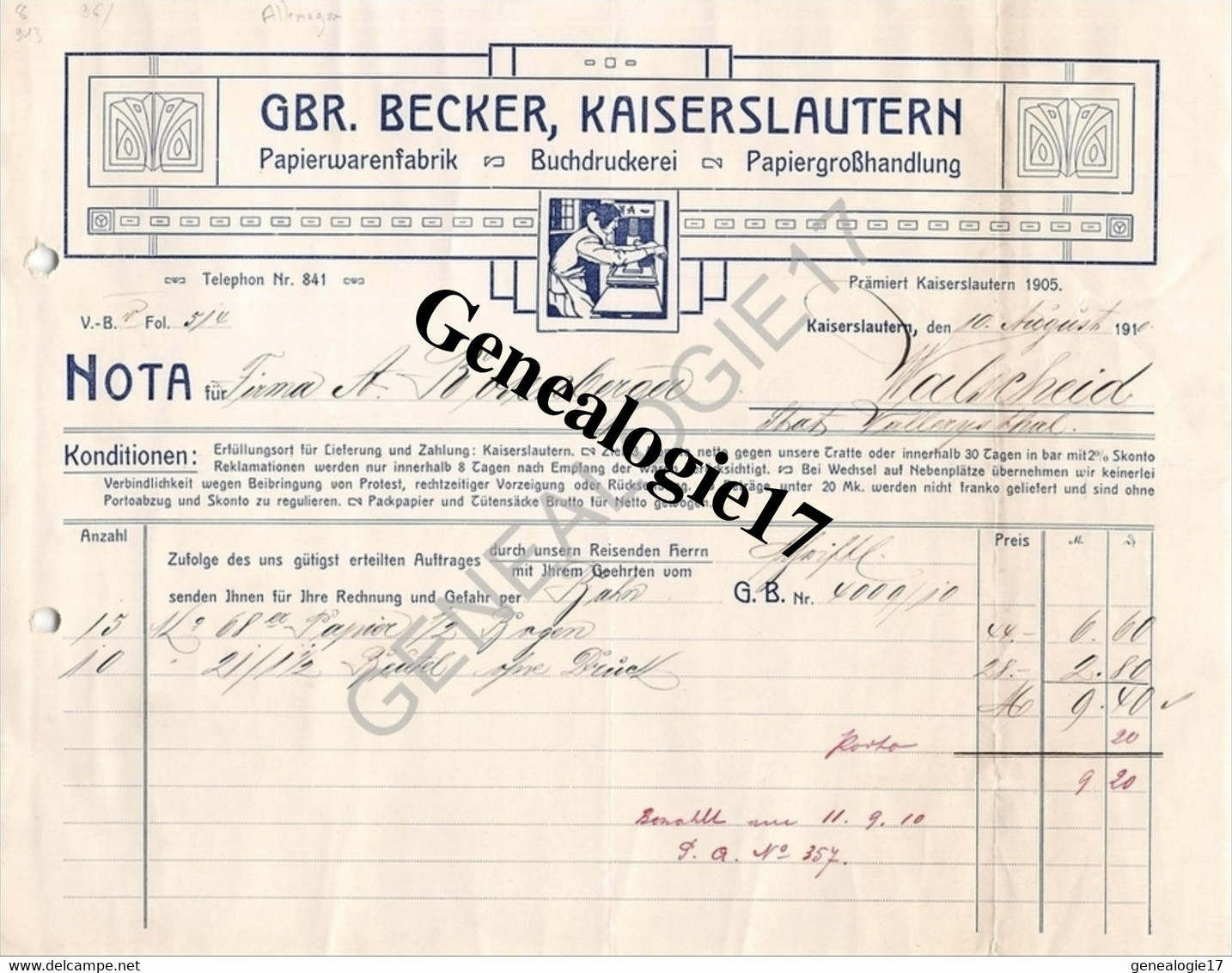 96 0693 ALLEMAGNE KAISERLAUTERN Rhenanie Palatinat 1905 Papier Warenfabrik GBR. BECKER Buchdruckerei - Drukkerij & Papieren