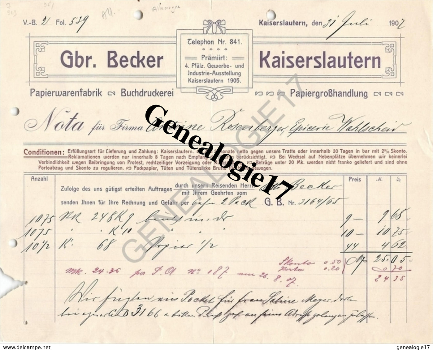96 0692 ALLEMAGNE KAISERLAUTERN Rhenanie Palatinat 1907 Papier Warenfabrik GBR. BECKER Buchdruckerei - Printing & Stationeries
