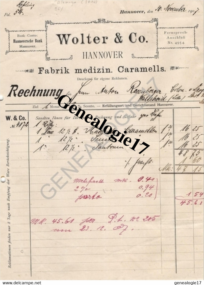 96 0690 ALLEMAGNE HANOVRE HANNOVER SAXE 1907 Fabrik Medizin Caramells WOLTER AND Co Druckerei Fur Eigene Reklamen - Ambachten