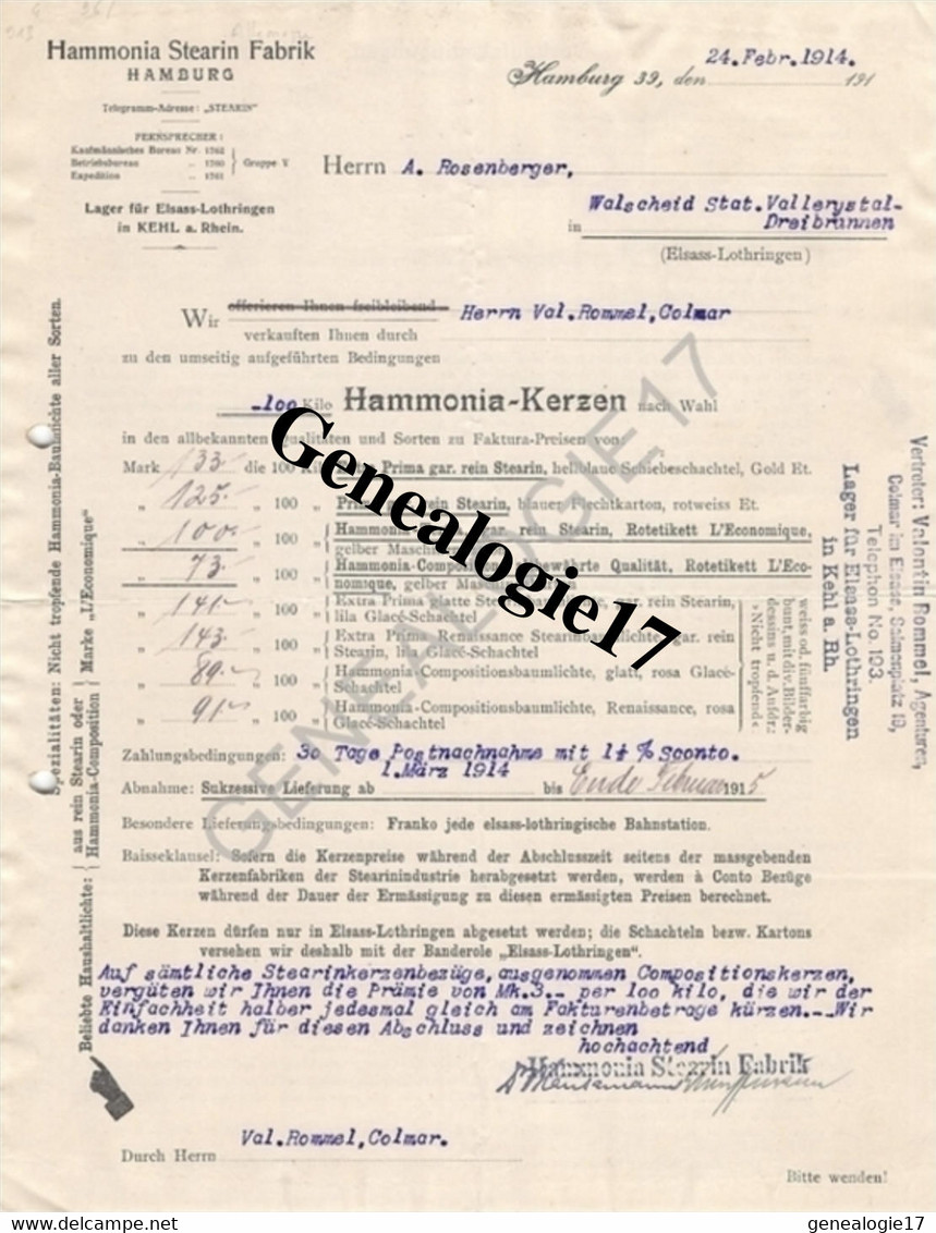96 0689 ALLEMAGNE HAMBOURG HAMBURG 1914 HAMMONIA STEARIN FABRIK Stearinkerzen Stearin Olein Glycerin - Ambachten