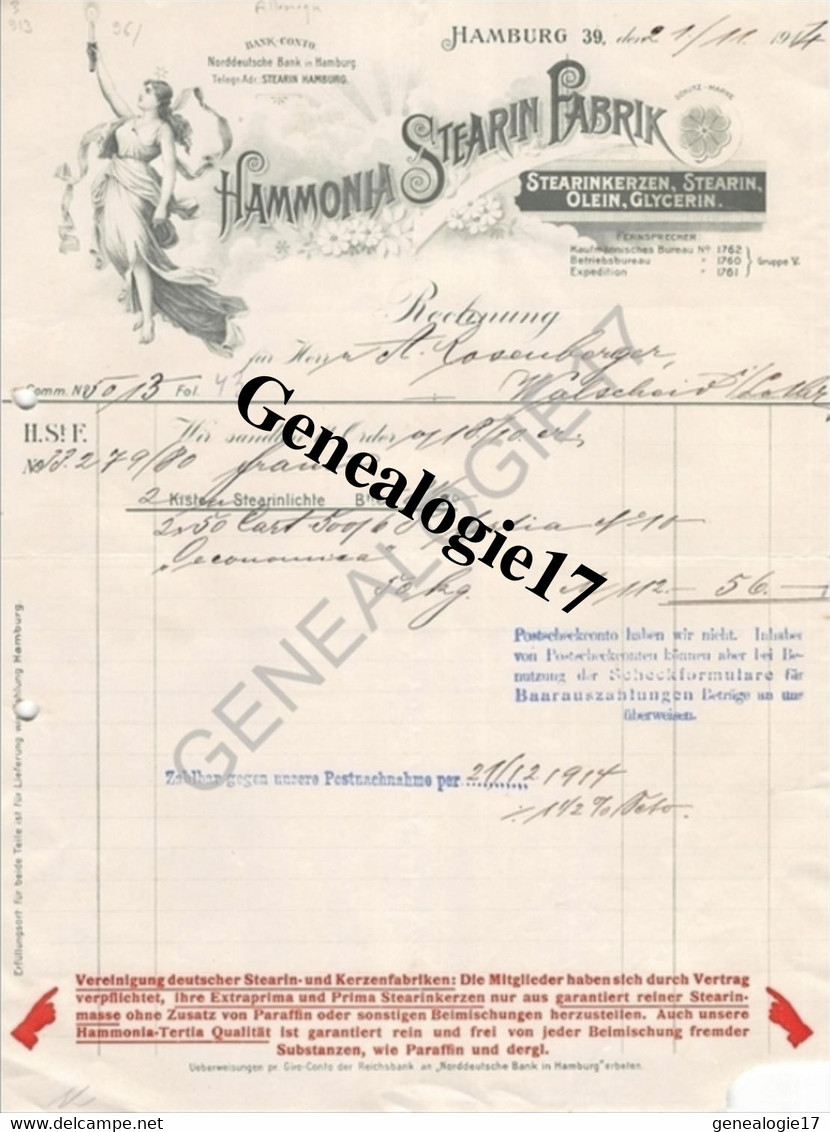 96 0688 ALLEMAGNE HAMBOURG HAMBURG 1913 HAMMONIA STEARIN FABRIK Stearinkerzen Stearin Olein Glycerin - Artesanos