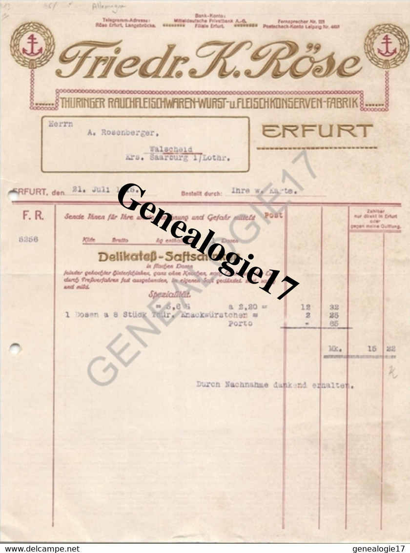 96 0686 ALLEMAGNE ERFURT Thuringe 1915 FRIEDR. K. ROSE  Thuringer - Old Professions