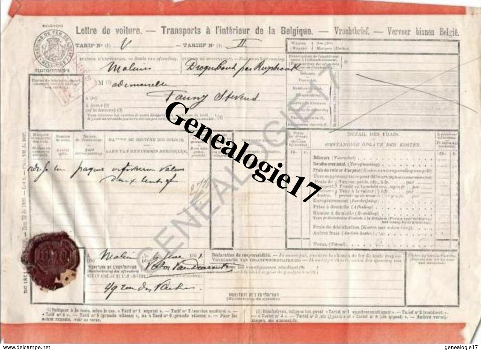 96 0670 BELGIQUE 1901 VRACHBRIEF VERVOER BINNEN BELGIE Lettre De Voiture CHEMINS DE FER DE L ETAT - Tampon En Cire  TRAI - Trasporti