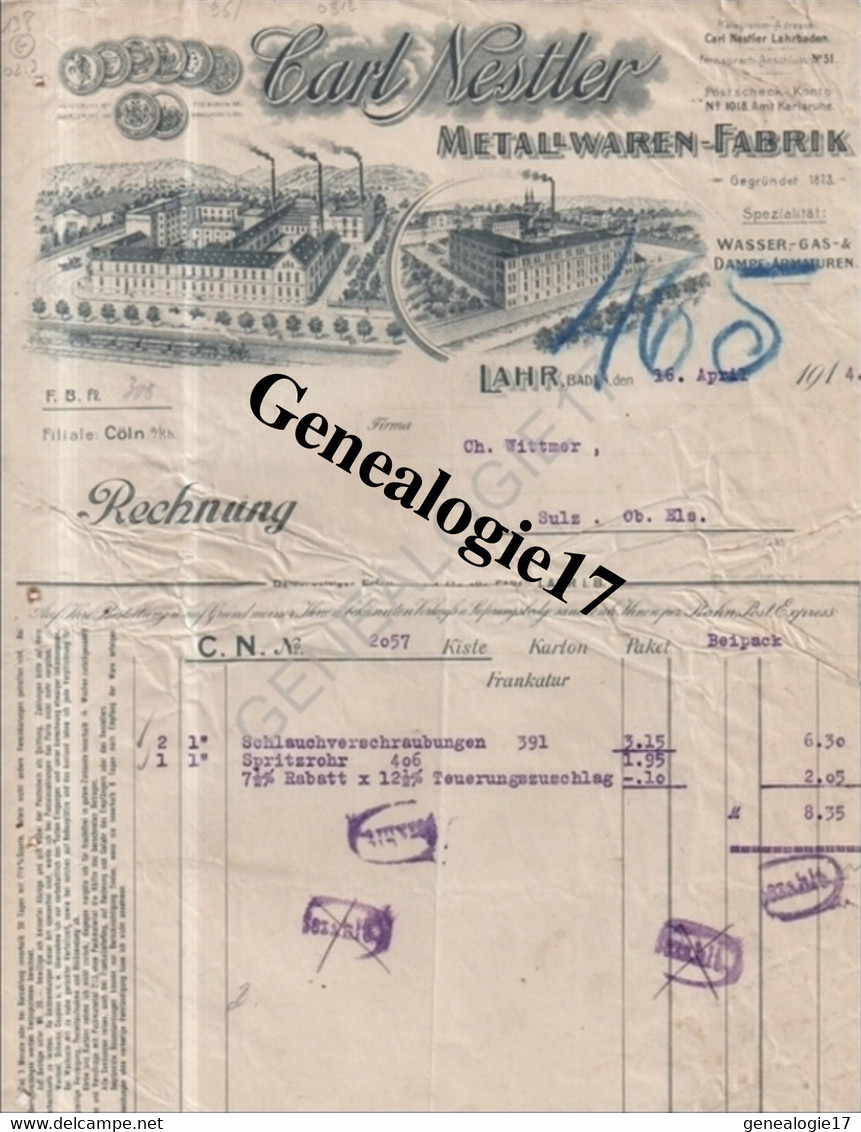 96 0626 ALLEMAGNE Lahr / Schwarzwald 1914 METAL WAREN FABRIK Des Ets CARL NESTLER  ( Froissee ) - 1950 - ...