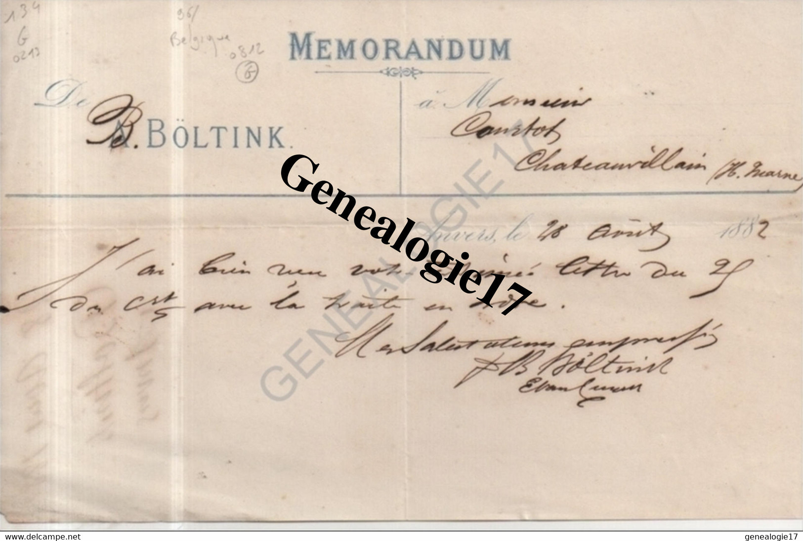 96 0622 BELGIQUE ANVERS 1882 Ets B. BOLTINK - 1800 – 1899