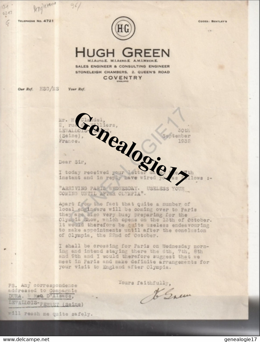 96 0619 ANGLETERRE COVENTRY 1932 HUGH GREEN - Royaume-Uni