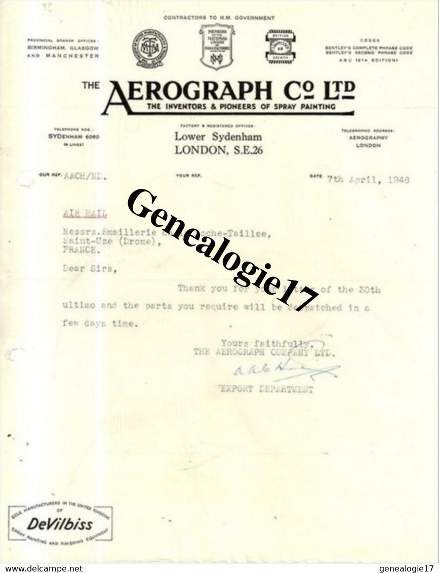 96 0567 ANGLETERRE LONDRES 1948 AEROGRAPH Co LTD Inventors Et  Pioneers Spray Painting - Ver. Königreich