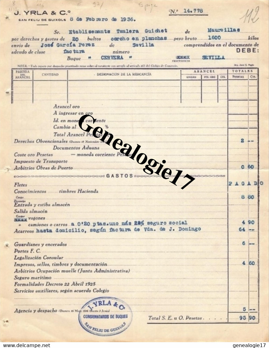 96 0548A ESPAGNE SAN FELIU DE GUIXOLS  SPAIN 1936 Ets J. YRLA - Espagne