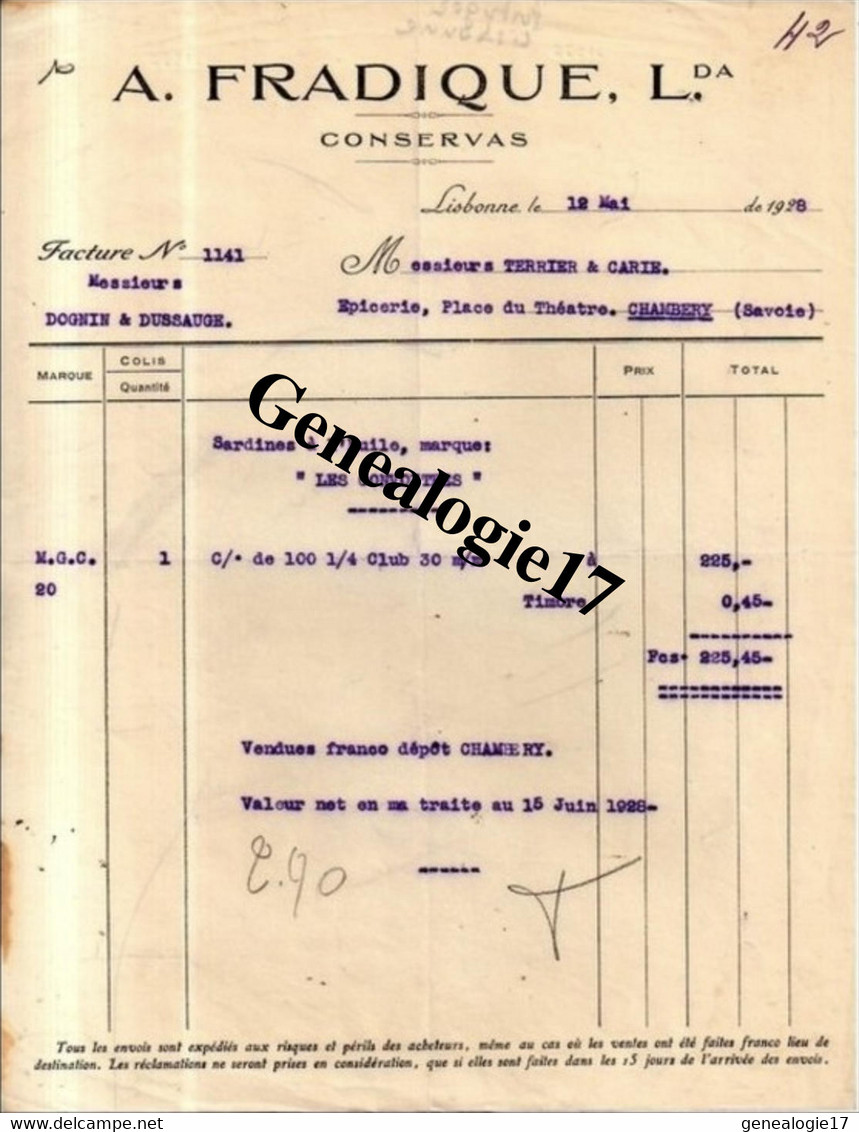 96 0523 PORTUGAL LISBONNE 1928 Conservas A. FRADIQUE L.da à TERRIER  Et  CARIE De CHAMBERY - Portugal