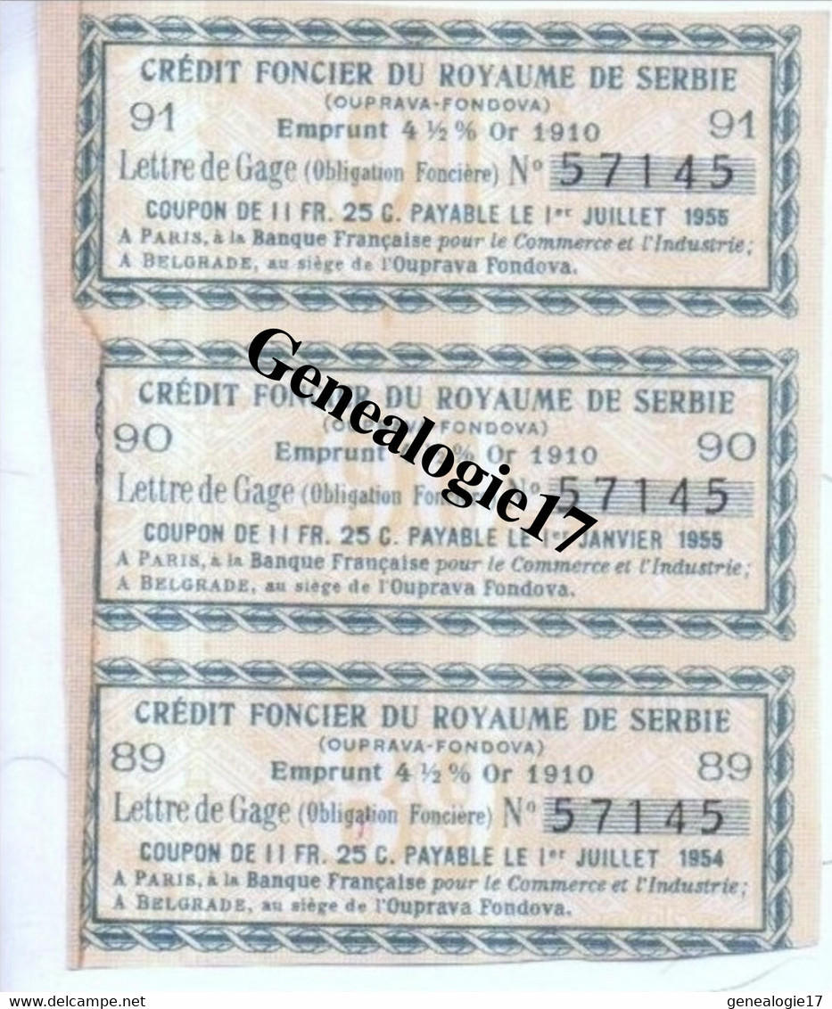 96 0513 SERBIE - CREDIT FONCIER DU ROYAUME DE SERBIE Emprunt Lettre De Gage - BELGRADE 3 Coupons - S - V