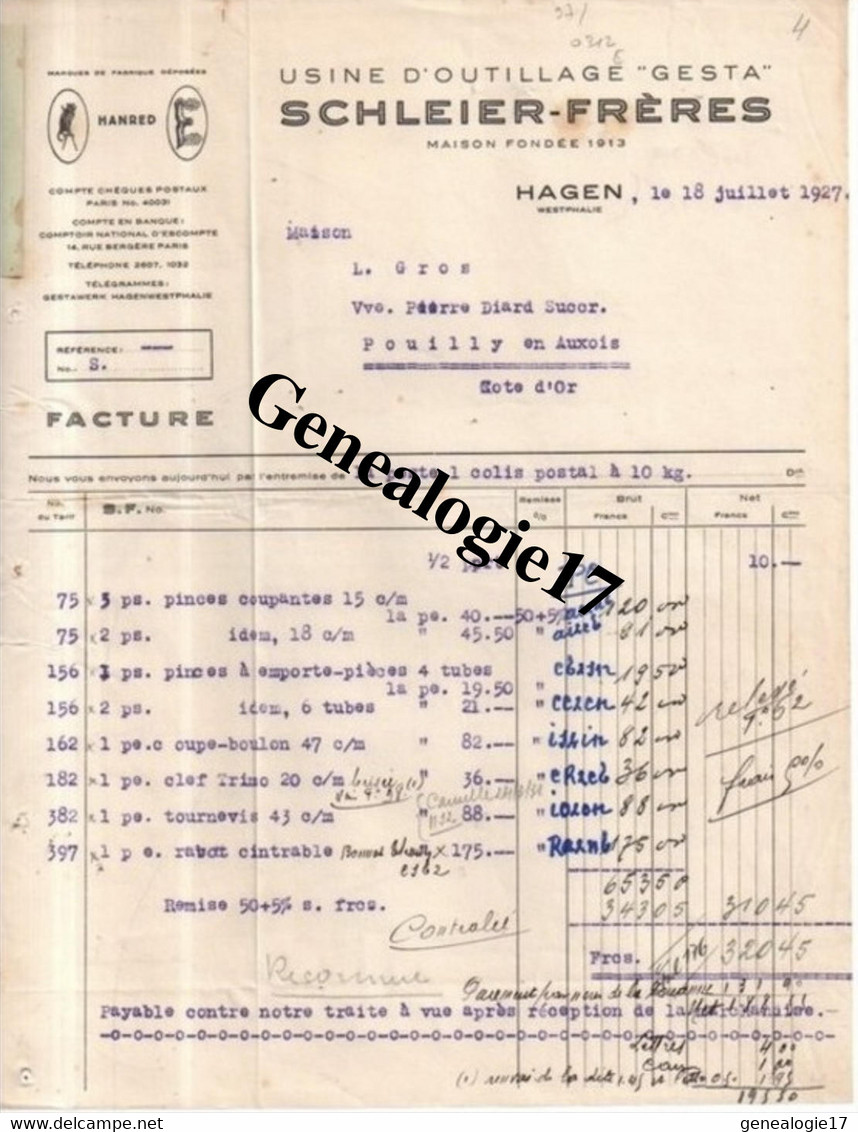 96 0505 ALLEMAGNE HAGEN WESTPHALIE 1927 Usine Outillage GESTA Des Ets SCHLEIER FRERES - Altri & Non Classificati