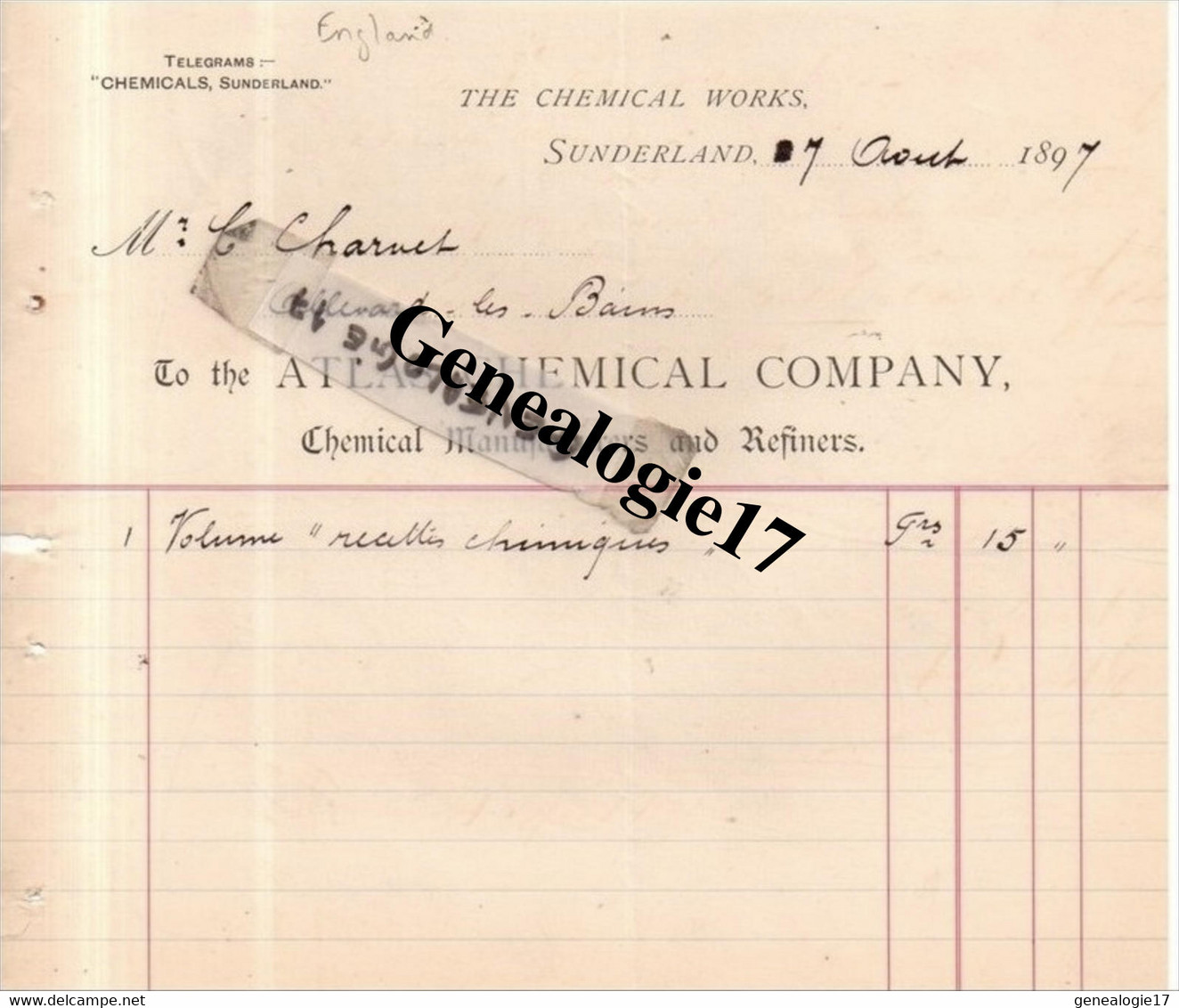 96 0491 ROYAUME UNI ANGLETERRE SUNDERLAND 1897 THE CHEMICAL WORKS - ATLAS CHEMICAL COMPANY - Ver. Königreich