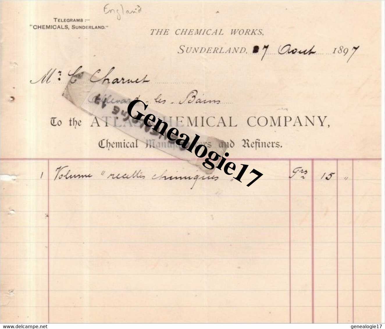 96 0491 ROYAUME UNI ANGLETERRE SUNDERLAND 1897 THE CHEMICAL WORKS - ATLAS CHEMICAL COMPANY - Royaume-Uni