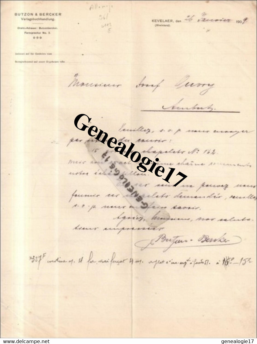 96 0473 ALLEMAGNE DEUTSCH 1909 KEVELAER RHEINLAND Ets BUTZON Et  BERCKER à OUVRY - Other & Unclassified