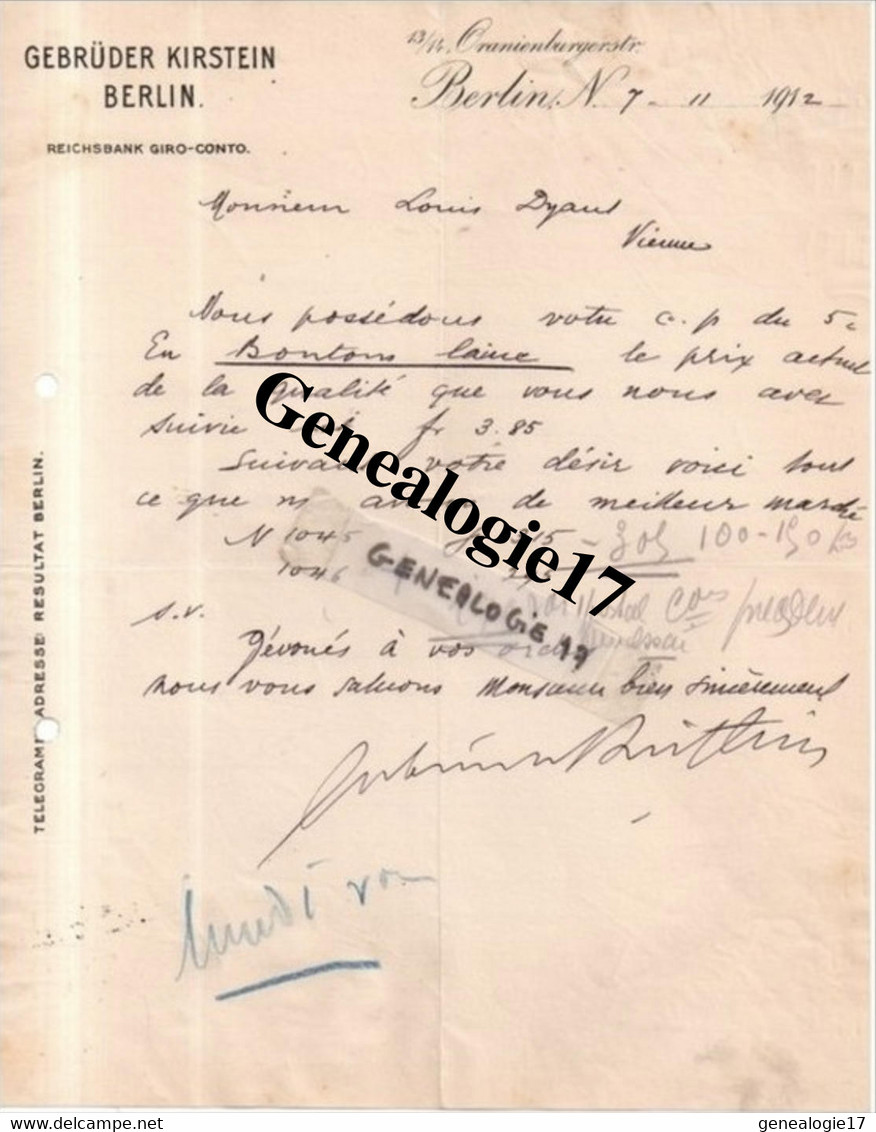 96 0452 ALLEMAGNE BERLIN 1911 Ets GEBRUDER KIRSTEIN  REICHSBANK GIRO CONTO - Other & Unclassified