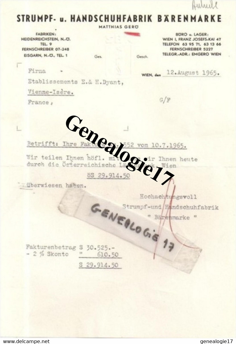 96 0450 AUTRICHE VIENNE WIEN 1965 STRUMPF HANDSCHUFABRIK BARENMARKE MATTHIAS GERO - Austria