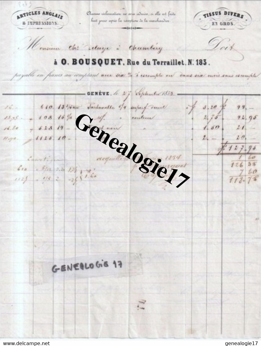 96 0419 SUISSE GENEVE 1853 Tissu Et  Articles Anglais O. BOUSQUET 183 Rue De Terraillet à DELAYE  Tampon Vert &amp - 1843-1852 Federal & Cantonal Stamps