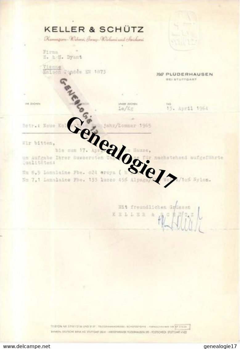 96 0414 ALLEMAGNE PLUDERHAUSEN STUTTGART 1964 Kammgarn Jersey KELLER - SCHUTZ  à DYANT - Sonstige & Ohne Zuordnung