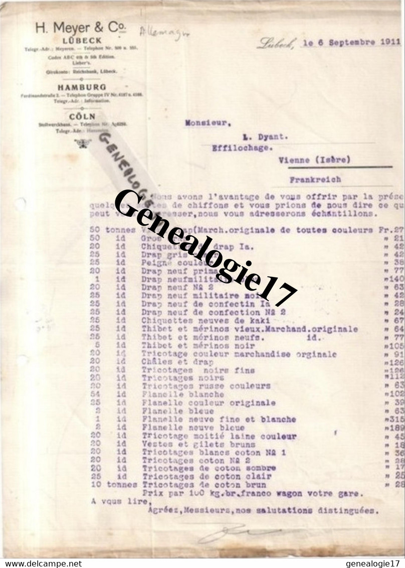 96 0405 ALLEMAGNE LUBECK HAMBURG COLN 1911 Ets H. MEYER  Et  Co  à DYANT - Andere & Zonder Classificatie