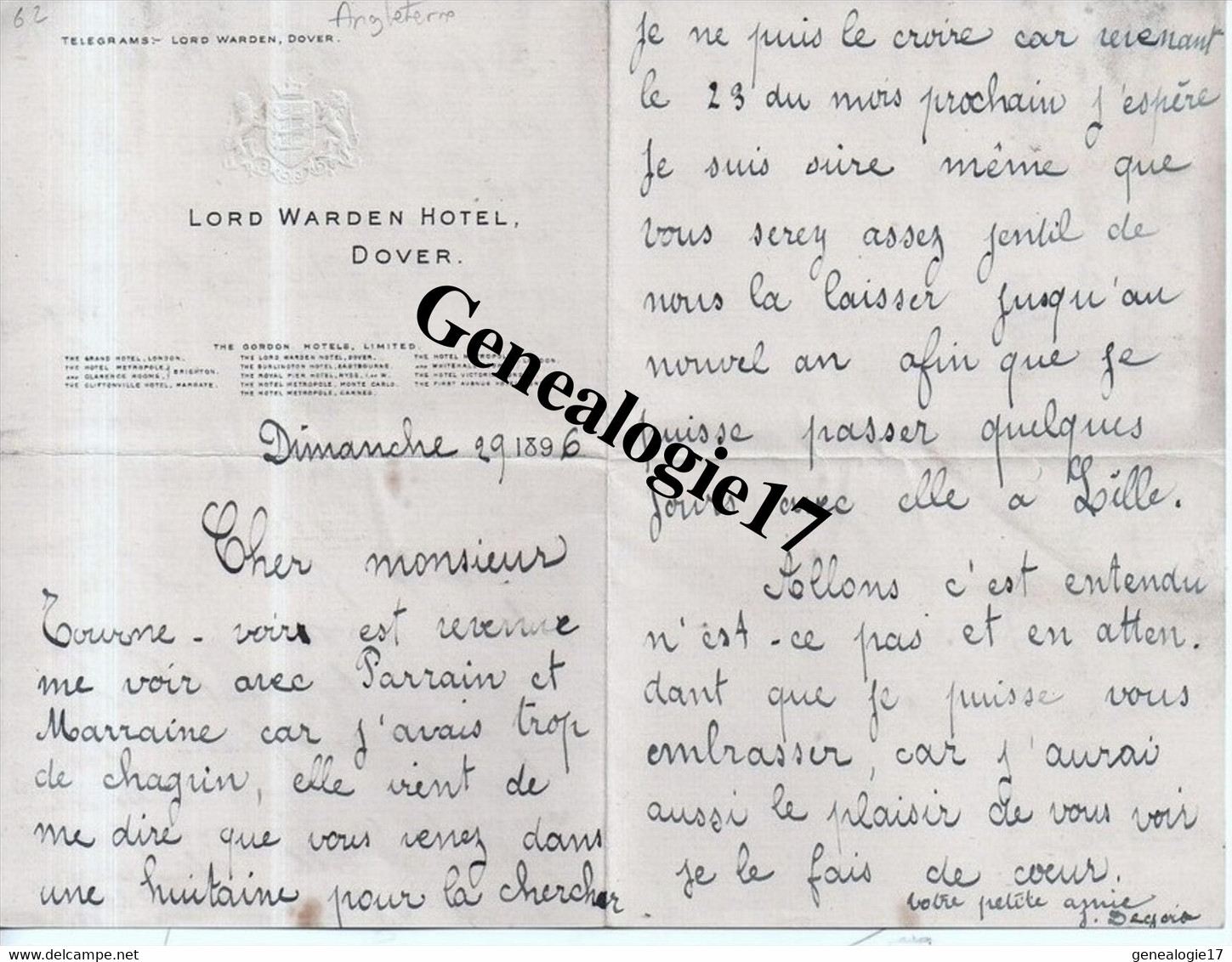 96 0321 ROYAUME UNI ANGLETERRE 1896 LORD WARDEN HOTEL DOVER 1896 - Royaume-Uni