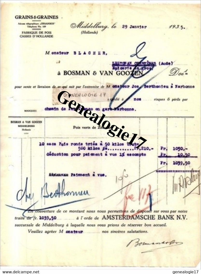 96 0303 MIDDELBURG HOLLANDE 1935 Grain Graines BOSMAN Et  VAN GOOZEN  à BLACHER - Paesi Bassi