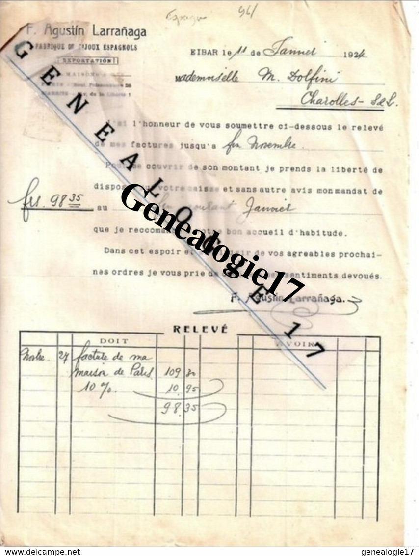 96 0250 ESPAGNE EIBAR 1924 Fabrique De Bijoux Espagnols F. AUGUSTIN LARRANAGA Dest Melle DOLFINI - Espagne