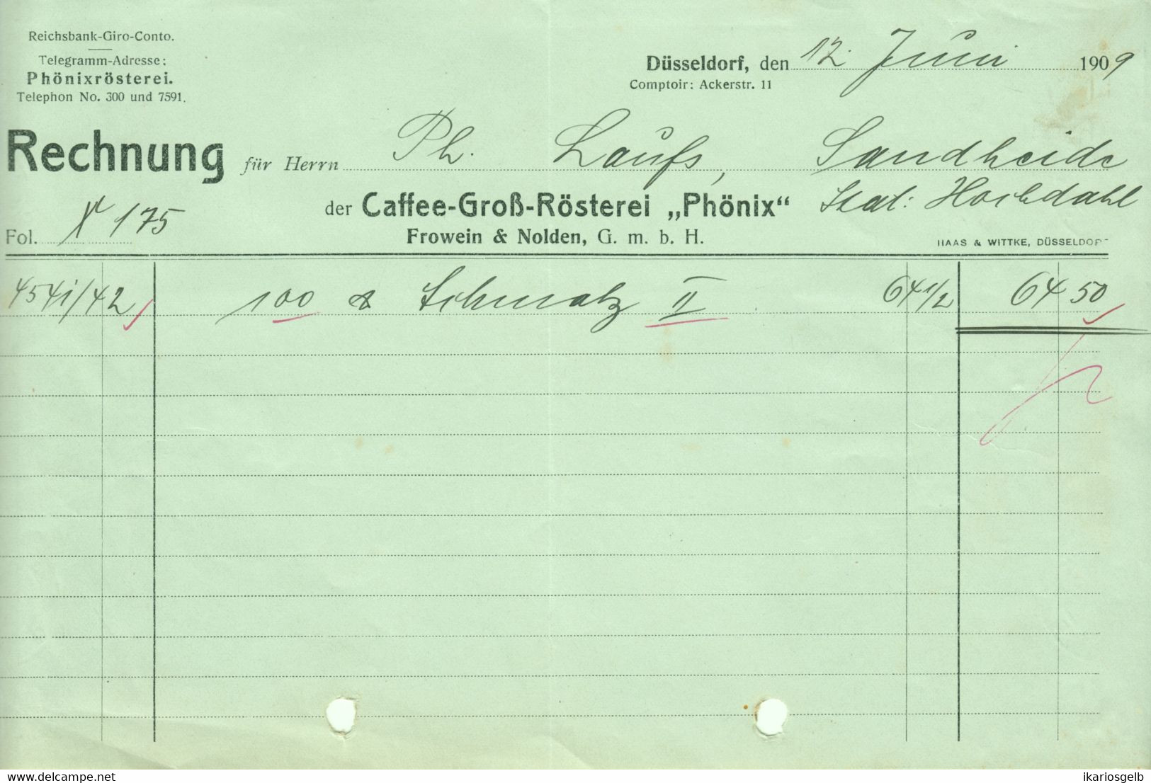 Düsseldorf 1909 Deko Rechnung " Caffee-Großrösterei Phönix Frowein & Nolden " - Alimentos