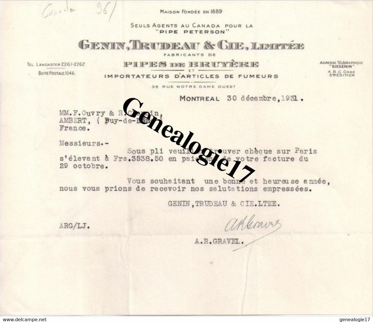 96 0130 CANADA MONTREAL 1931 Agent PIPE PETERSON Des Ets GENIN - TRUDEAU Et  Cie - Pipe De Bruyere - Dest OUVRY - Altri & Non Classificati