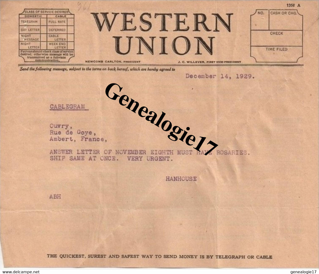 96 0127 ETATS UNIS CHICAGO 1929 Ets WESTERN UNION Telegramme Signé HANHOUSE - Etats-Unis