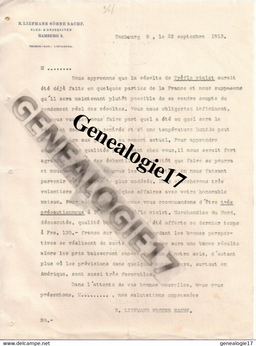 96 0120 ALLEMAGNE HAMBRUG 1913 Ets R. LIEFMANN SOHENE NACHF  KLEE GRASSAATEN Recolete Trfefle Violet - Andere & Zonder Classificatie