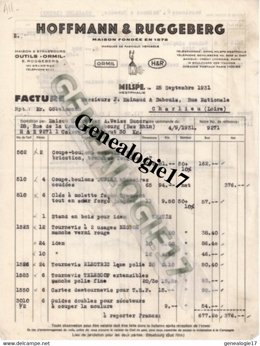 96 0100 ALLEMAGNE MILSPE WESTPHALIE Outil HOFFMANN Et  RUGGEBERG 1931 Dest MAINAUD - Andere & Zonder Classificatie