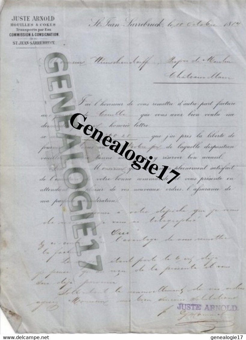 96 0063 ALLEMAGNE SAINT JEAN SARREBRUCK 1884 Lettre JUSTE ARNOLD Houille Et  Coke Transport Par Eau - Otros & Sin Clasificación