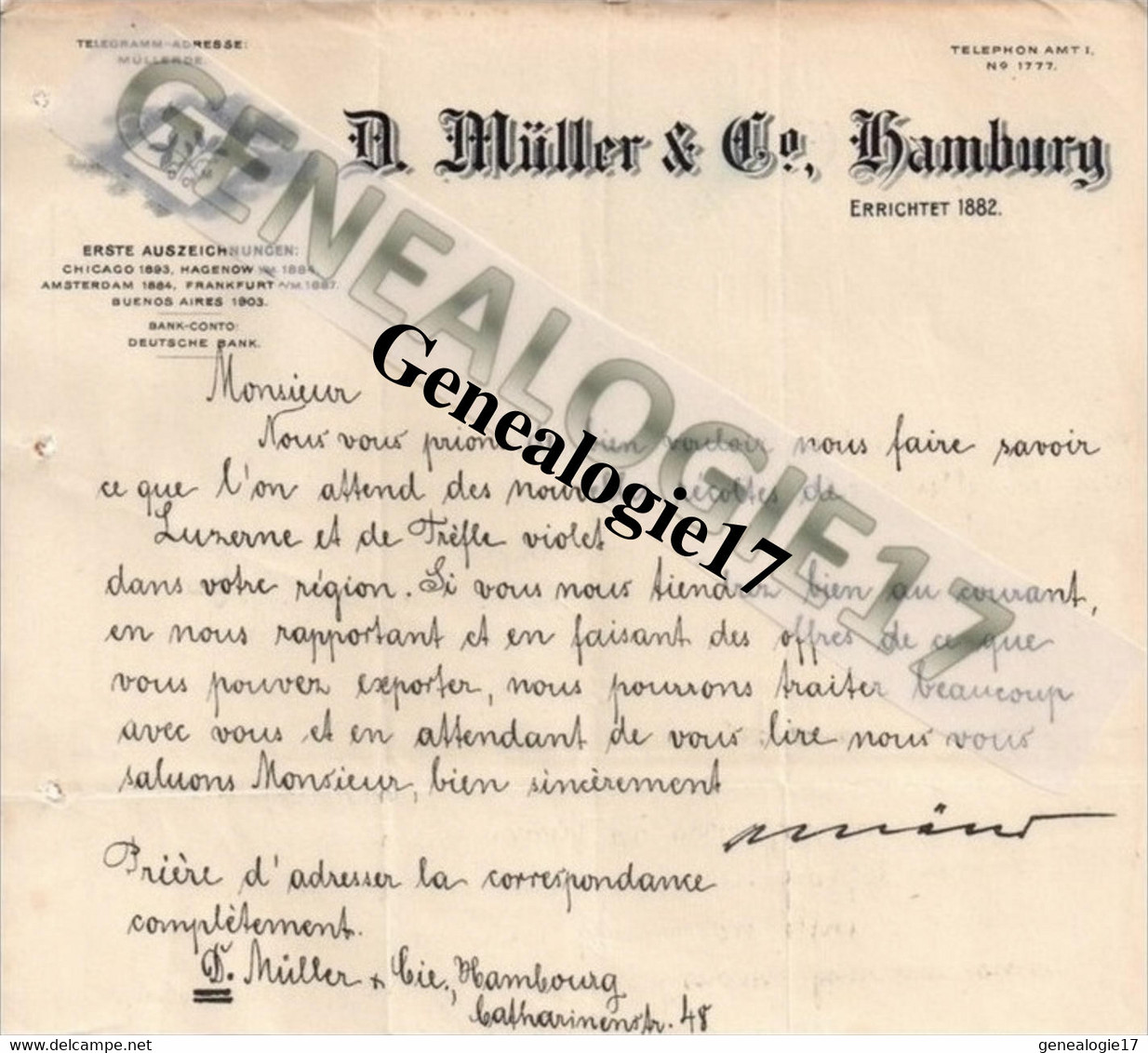 96 0001 ALLEMAGNE HAMBURG ERRICHTET 1882 Etd A. MULLER Et  Co  ERSTE AUSZEICHNUNGEN - Sonstige & Ohne Zuordnung