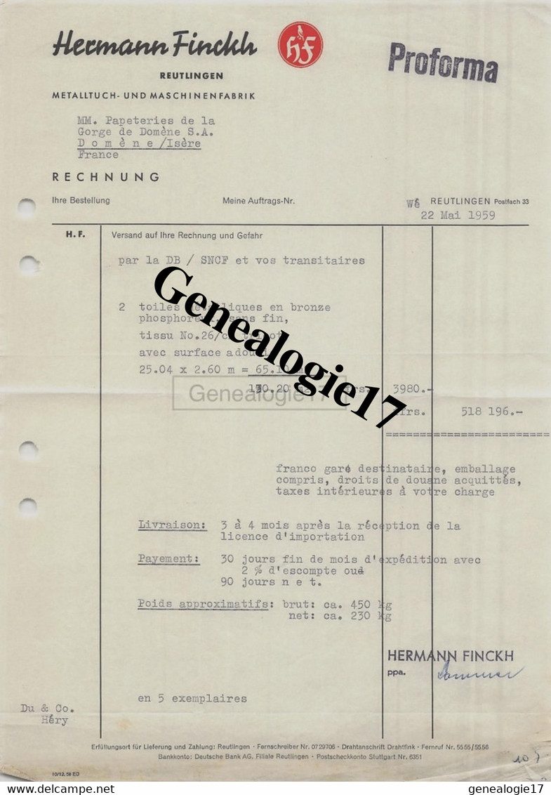 96 0001 A ALLEMAGNE DEUTSCH REUTLINGEN 1959 Metalltuch HERMANN FINCKH - Österreich