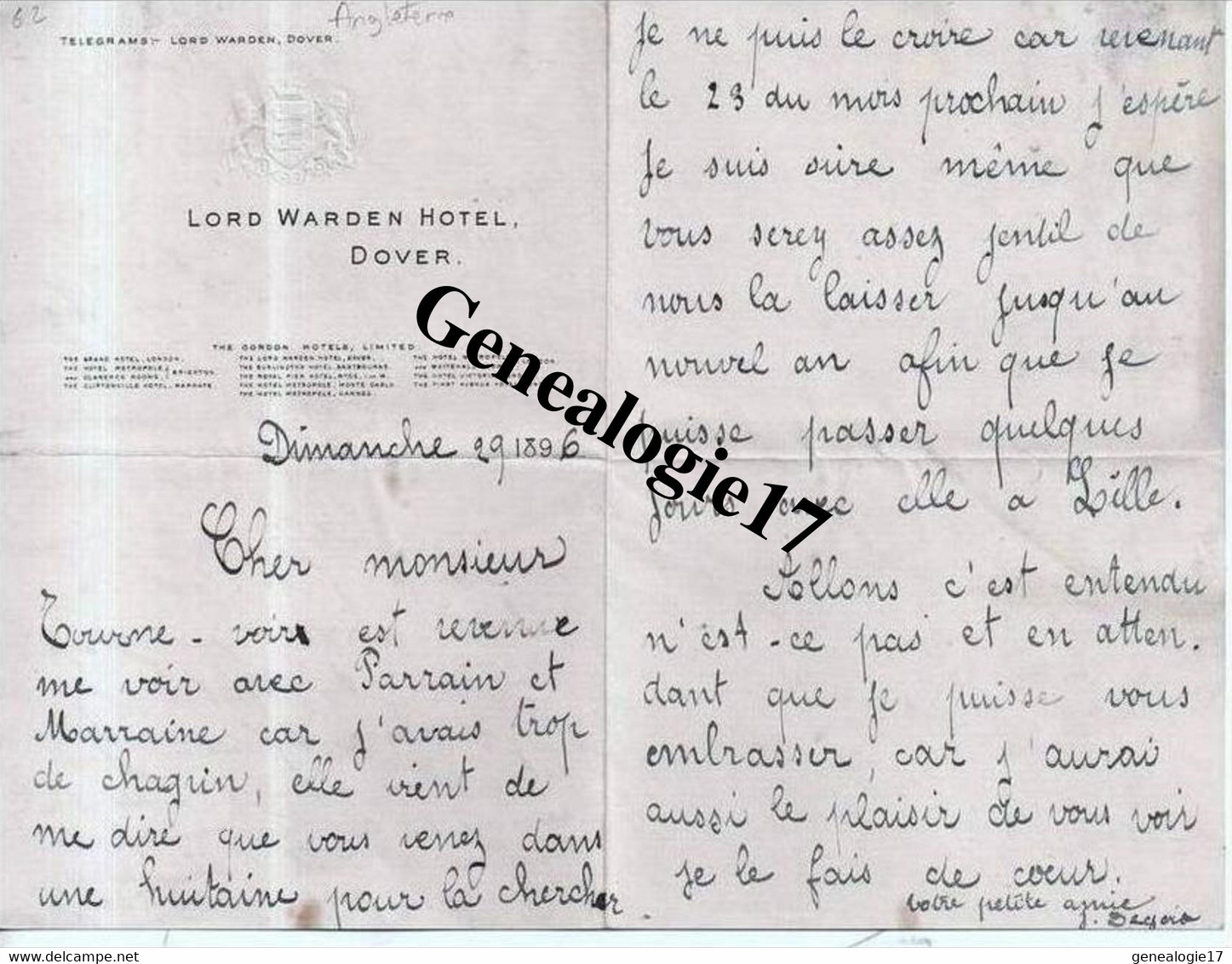 96  0321 ROYAUME UNI ANGLETERRE 1896 LORD WARDEN HOTEL DOVER 1896 - Ver. Königreich