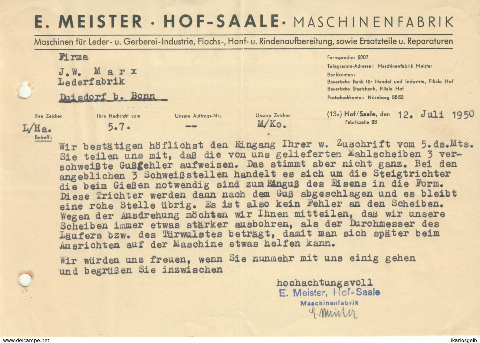 Hof Saale 1950 Deko Rechnung " E.Meister Ledermaschinen-Fabrik " - Textilos & Vestidos