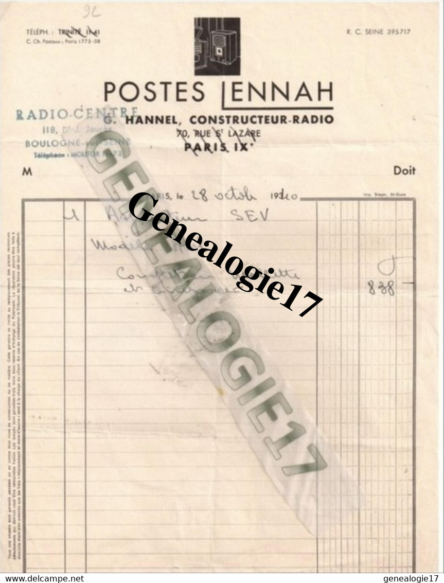92 0254 BOULOGNE SEINE Postes LENNAH Constructeur Radio G. HANNEL 118 Bd Jean Jaures 1940 - Andere & Zonder Classificatie
