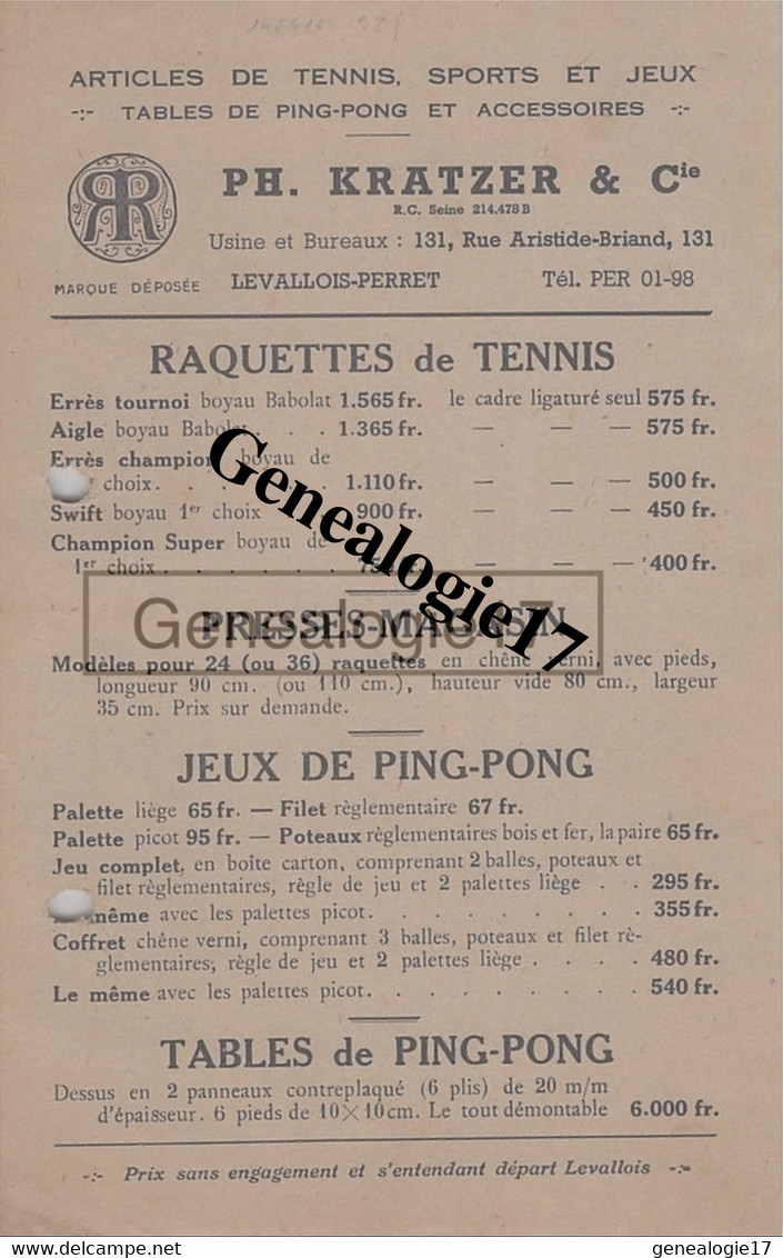 92 1435 LEVALLOIS PERRET SEINE 19.. PUBLICITE Tennis Ping Pong PH. KRATZER Rue Aristide Briand TENNIS DE TABLE - Sonstige & Ohne Zuordnung