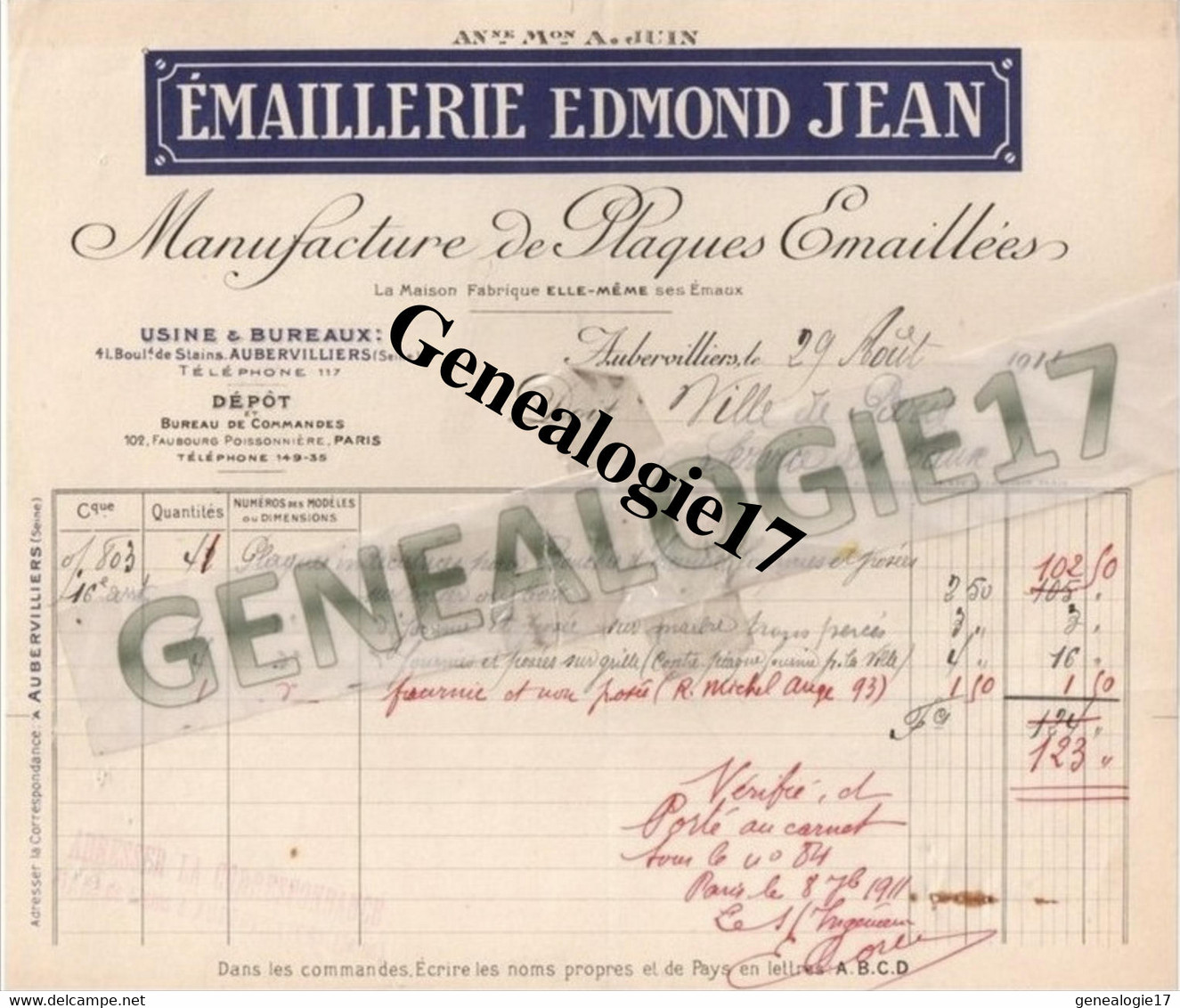 93 0023 AUBERVILLIERS Manufacture De Plaques Emaillees EDMOND JEAN 1911 41 Bd De Stains - Andere & Zonder Classificatie