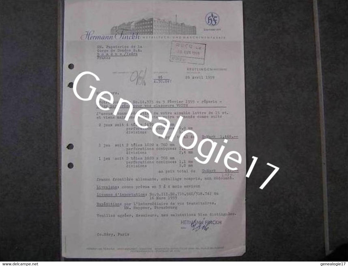 F ALLEMAGNE REUTLINGEN WURTTEMBERG Matalltuch HERMANN FINCKH 1959 Nï_&iexcl - Other & Unclassified