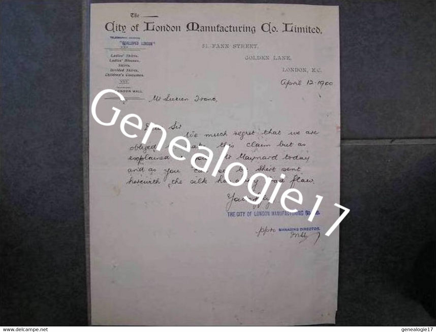 F ANGLETERRE LONDRES LONDON The City Of London Manufacturing Co 51 Fann Street Golden Lane 1900 Nï_&iexcl - Royaume-Uni