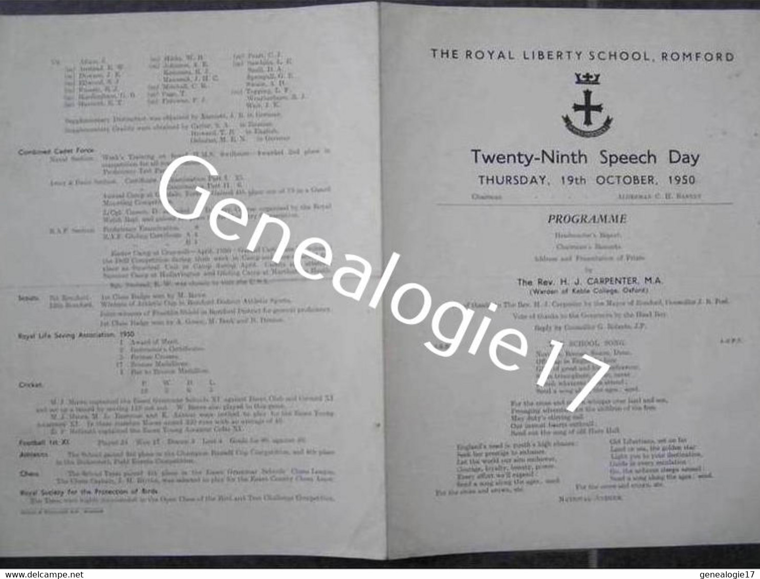 F ANGLETERRE The Royal Liberty School ROMFORD Programme CARPENTER 1950 - Reino Unido