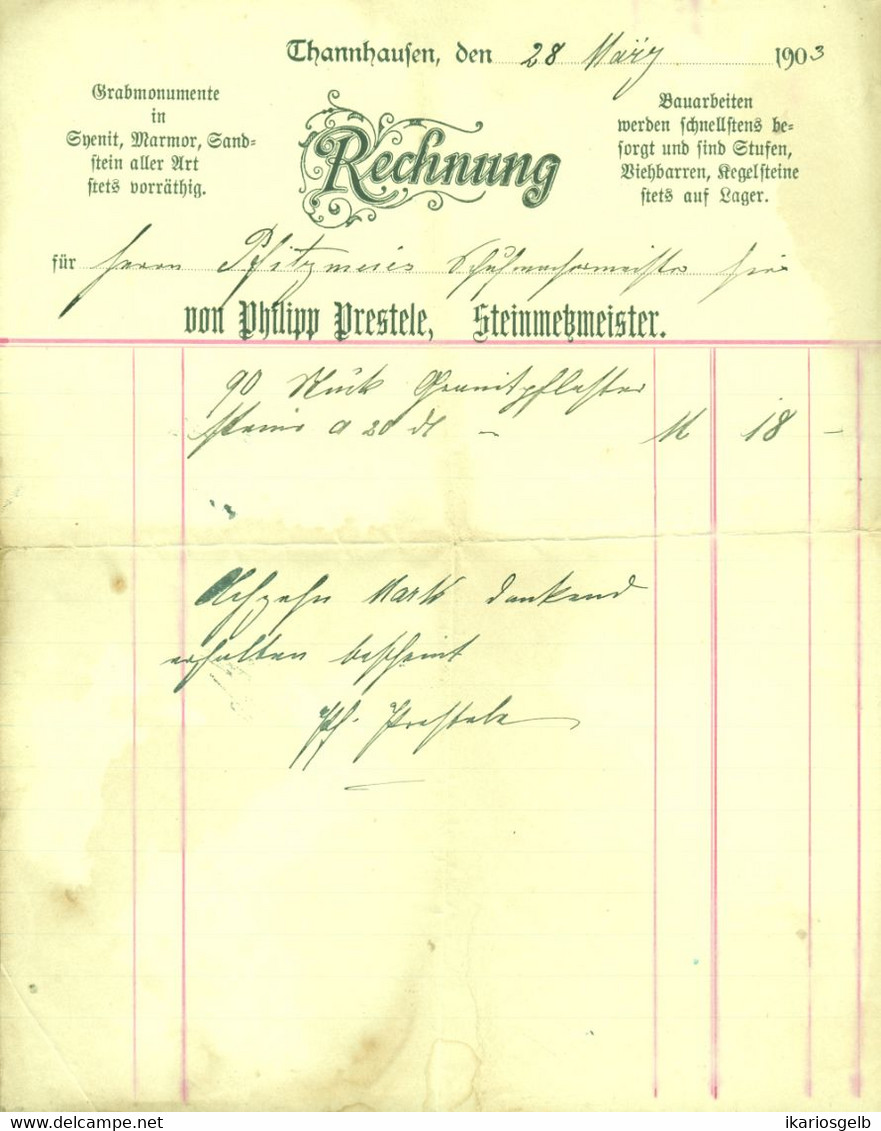 Thannhausen Bayern 1903 (!!) Deko Rechnung /Kopf " Philipp Prestele Steinmetzmeister Marmor Sandstein Syenit Pp" - Transporte