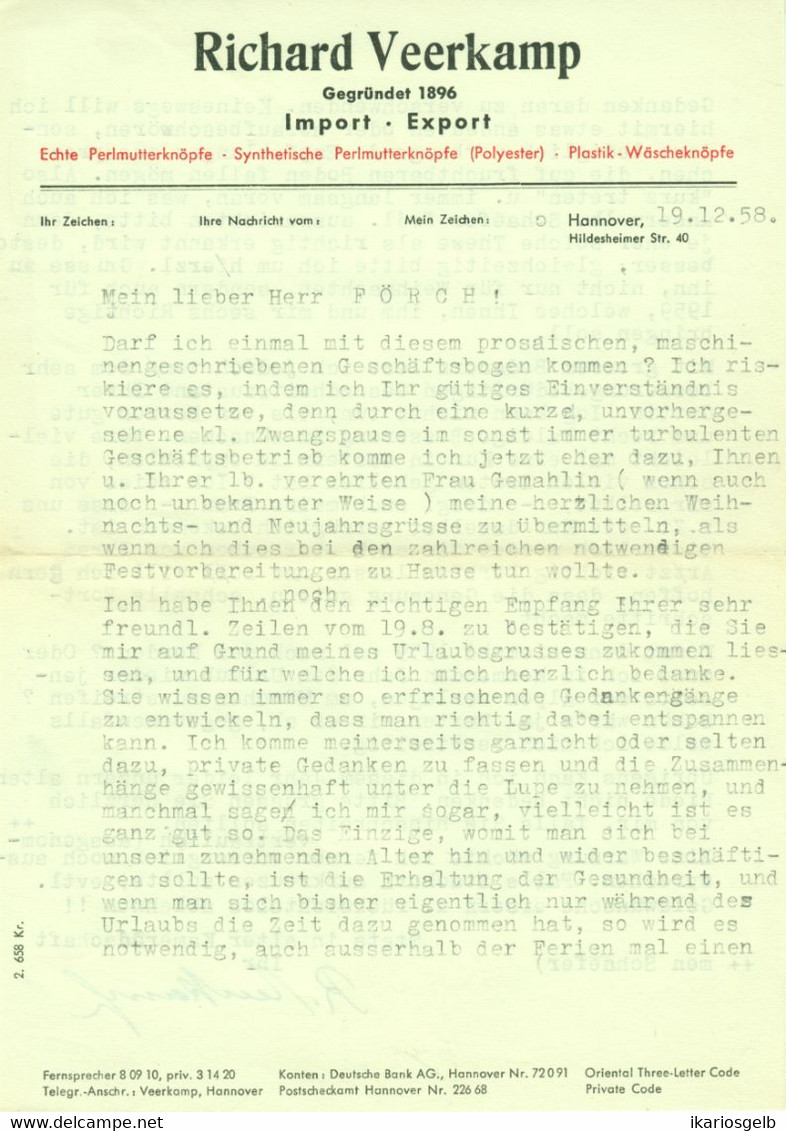 Hannover 1958 Deko Rechnung " Richard Veerkamp Perlmuttknöpfe Wäscheknöpfe Import Export" - Textile & Vestimentaire