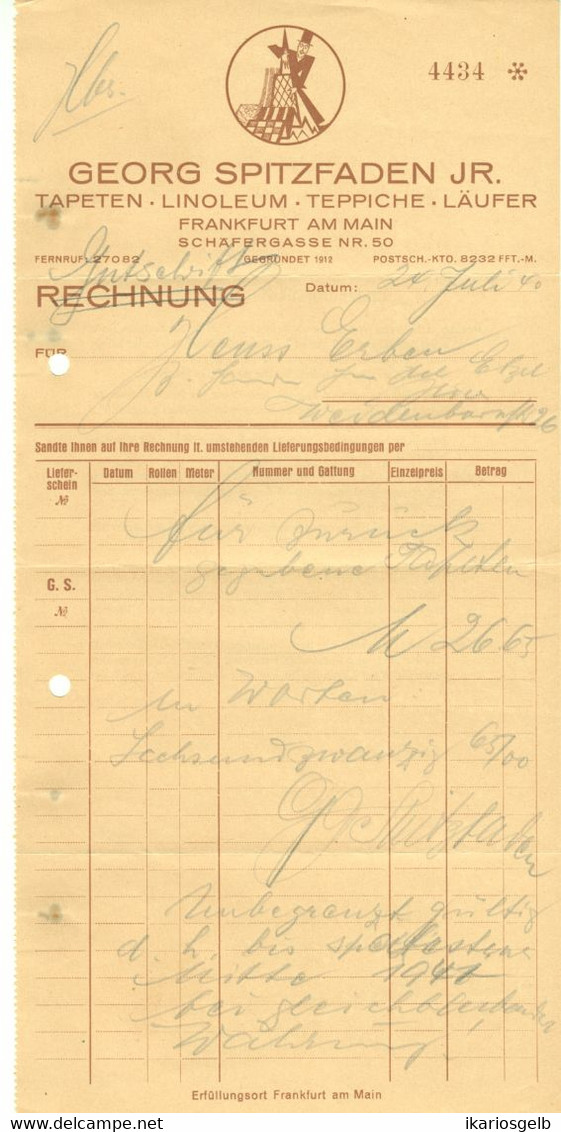 Frankfurt 1940 Deko Rechnung " Georg Spitzfaden Jr. Tapeten Linoleum Teppiche Läufer " - Imprenta & Papelería
